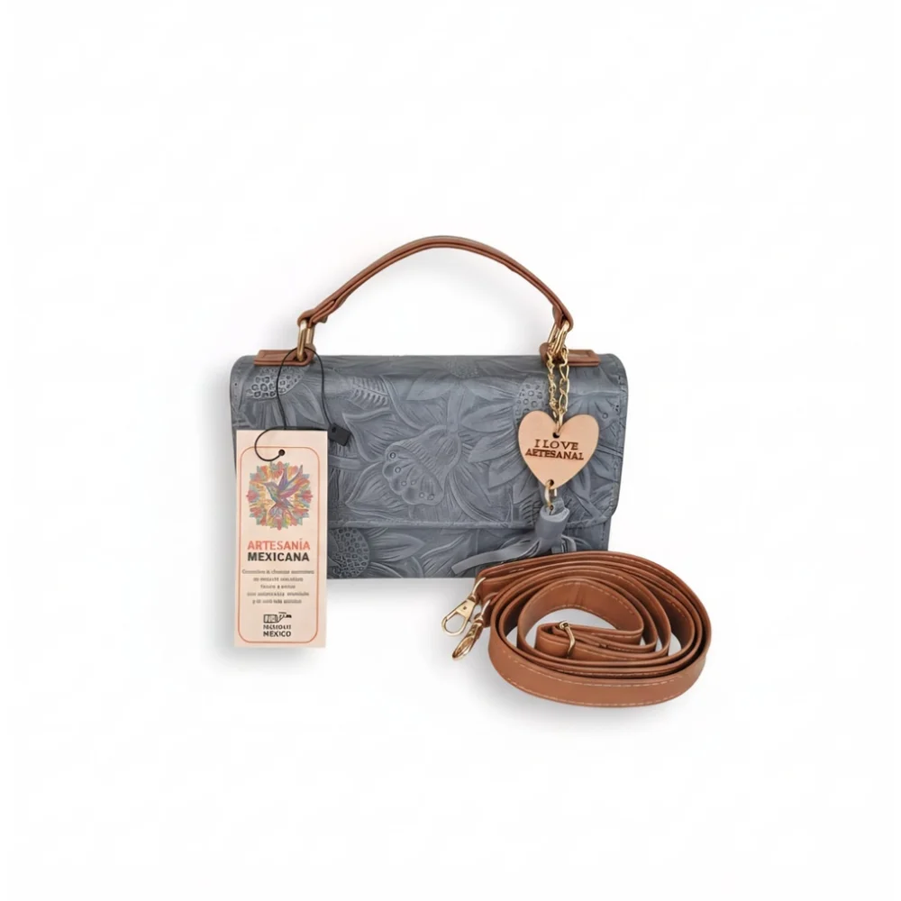 Light Blue Gray Sunflower Embossed Tooled Artisan LEATHER Crossbody Bag Purse - Picture 2 of 15
